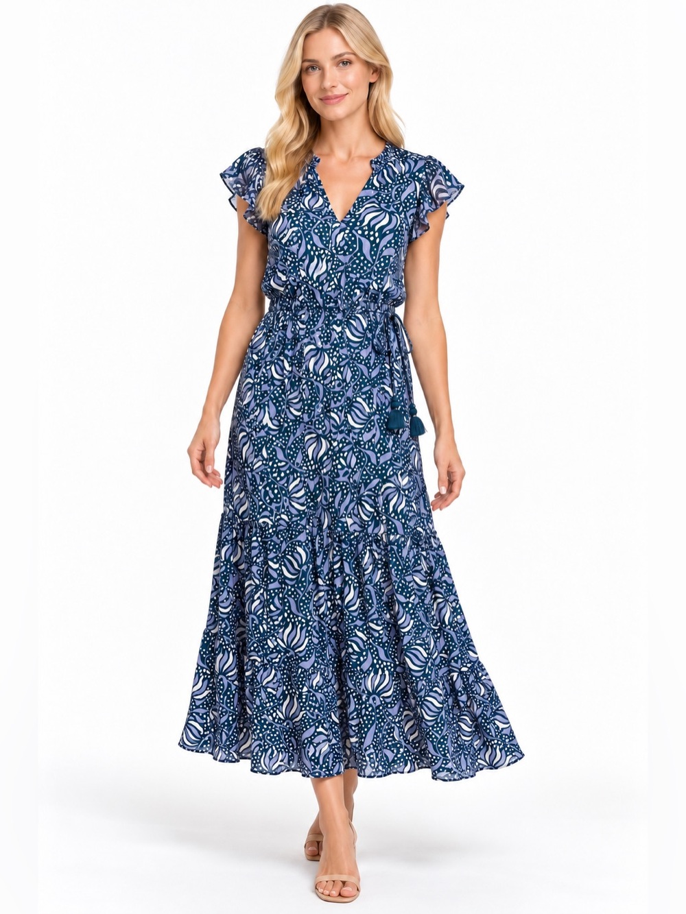 Omika Size Small Blue Print V-Neck Boho Maxi Dress with Tie Waist